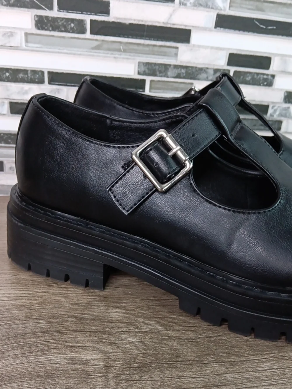 No Boundaries 7.5 Black Mary Janes Faux Leather Chunky Heel School Girl
